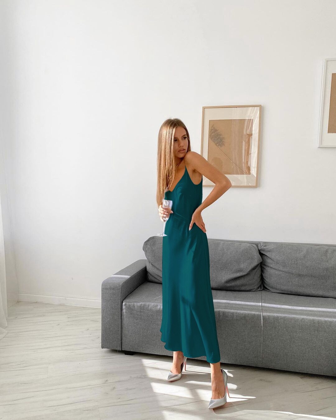 Spaghetti Strap Deep V-Neck Bias Cut Satin Slip Maxi Party Dress - View 4
