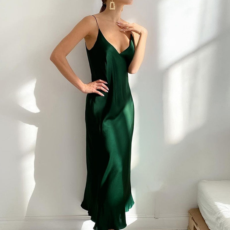 Spaghetti Strap Deep V-Neck Bias Cut Satin Slip Maxi Party Dress - View 6