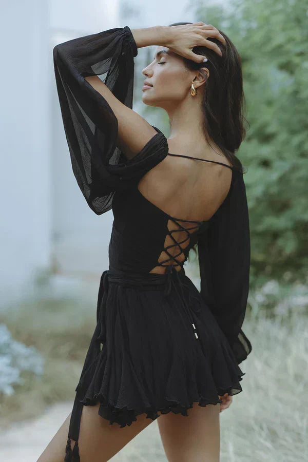 Deep V-Neck Wrap Tie Waist Cape Sleeve Tiered Ruffle Mini Dress - View 14