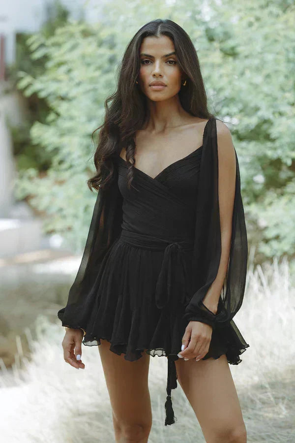 Deep V-Neck Wrap Tie Waist Cape Sleeve Tiered Ruffle Mini Dress - View 11
