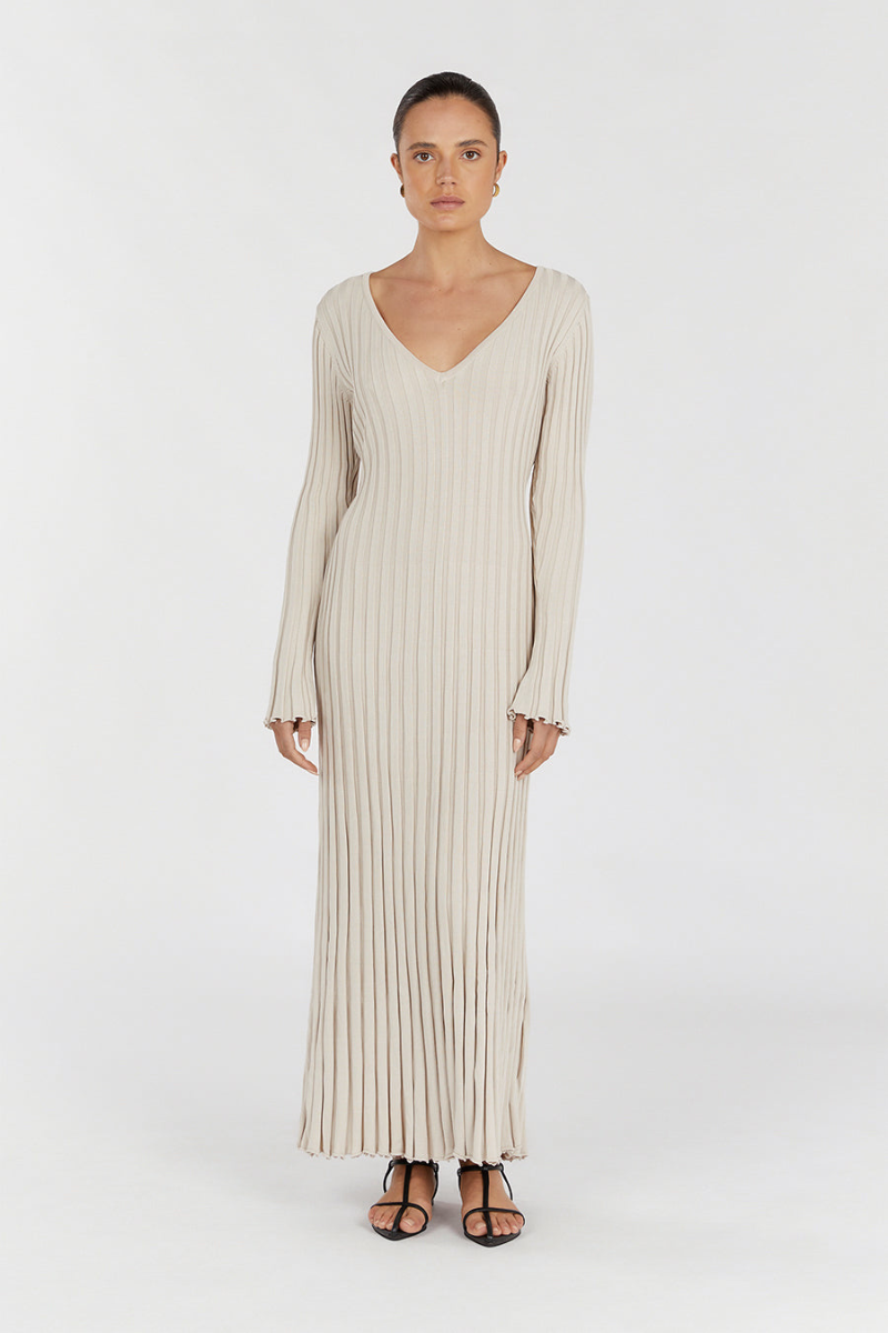 Rib Knit V-Neck Lettuce Hem Long Sleeve Bodycon Maxi Dress - View 11
