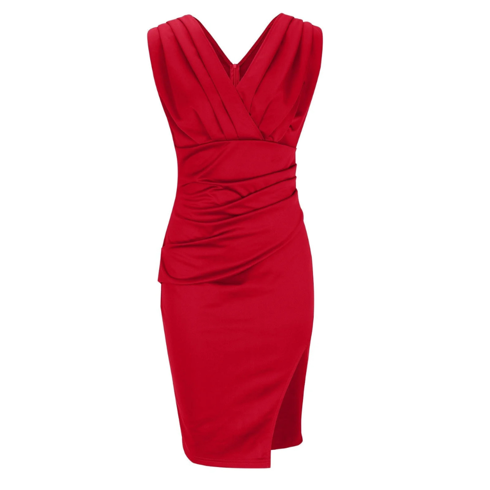 Deep V-Neck Pleated Shoulder Wrap Ruched Tulip Hem Cocktail Midi Dress - View 10