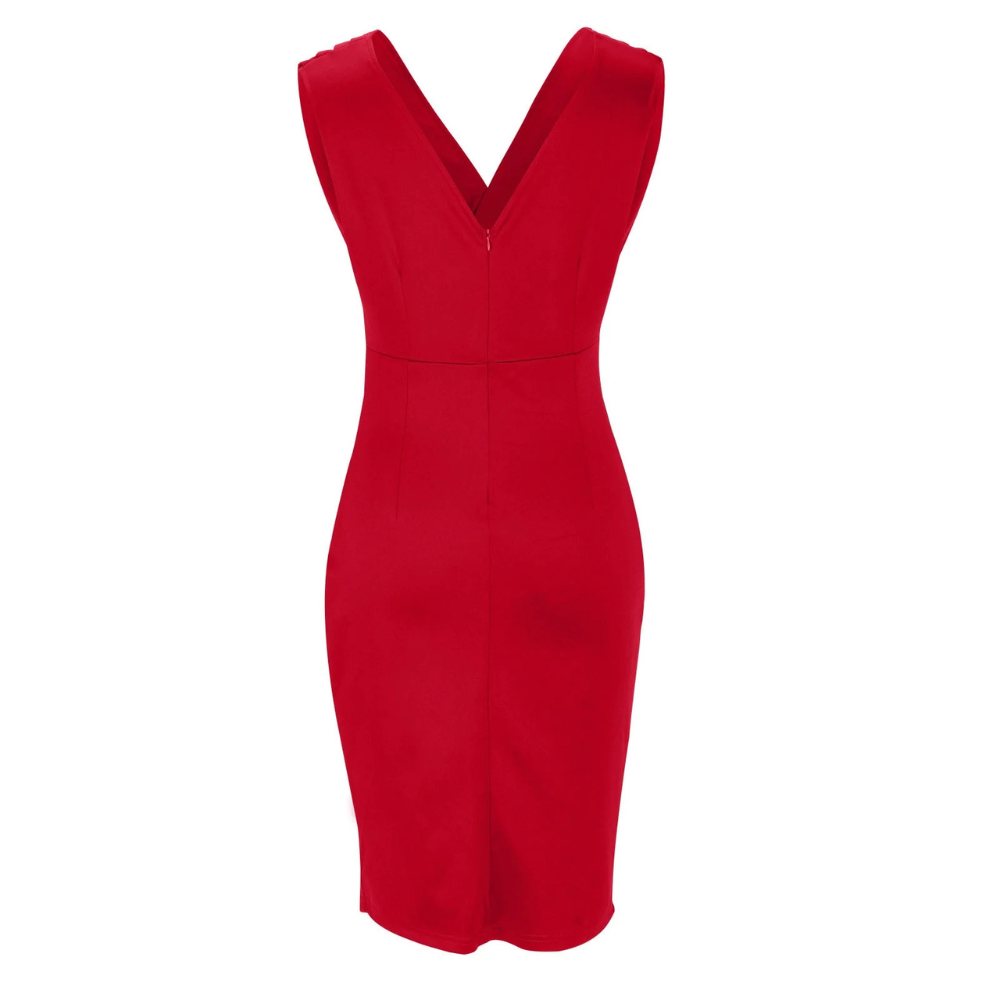 Deep V-Neck Pleated Shoulder Wrap Ruched Tulip Hem Cocktail Midi Dress - View 11