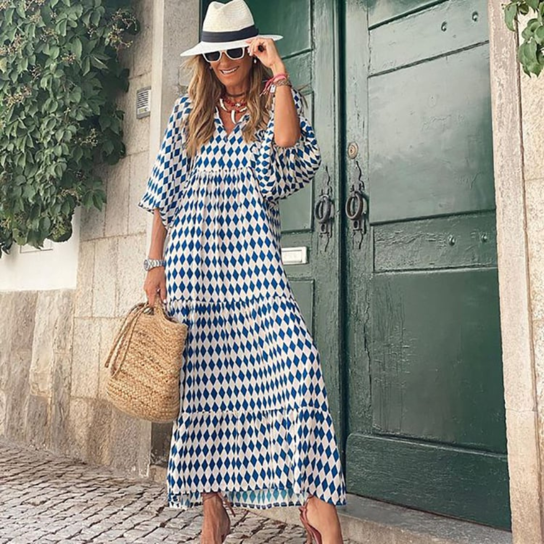 V-Neck Puff Sleeve Tiered Maxi Dress Boho 15