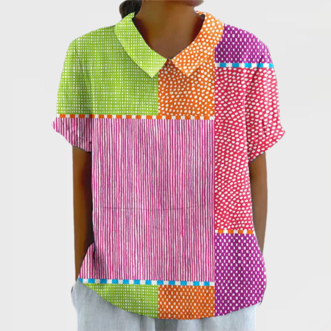 Collared Short Sleeve Colorblock Patchwork Print Shirt