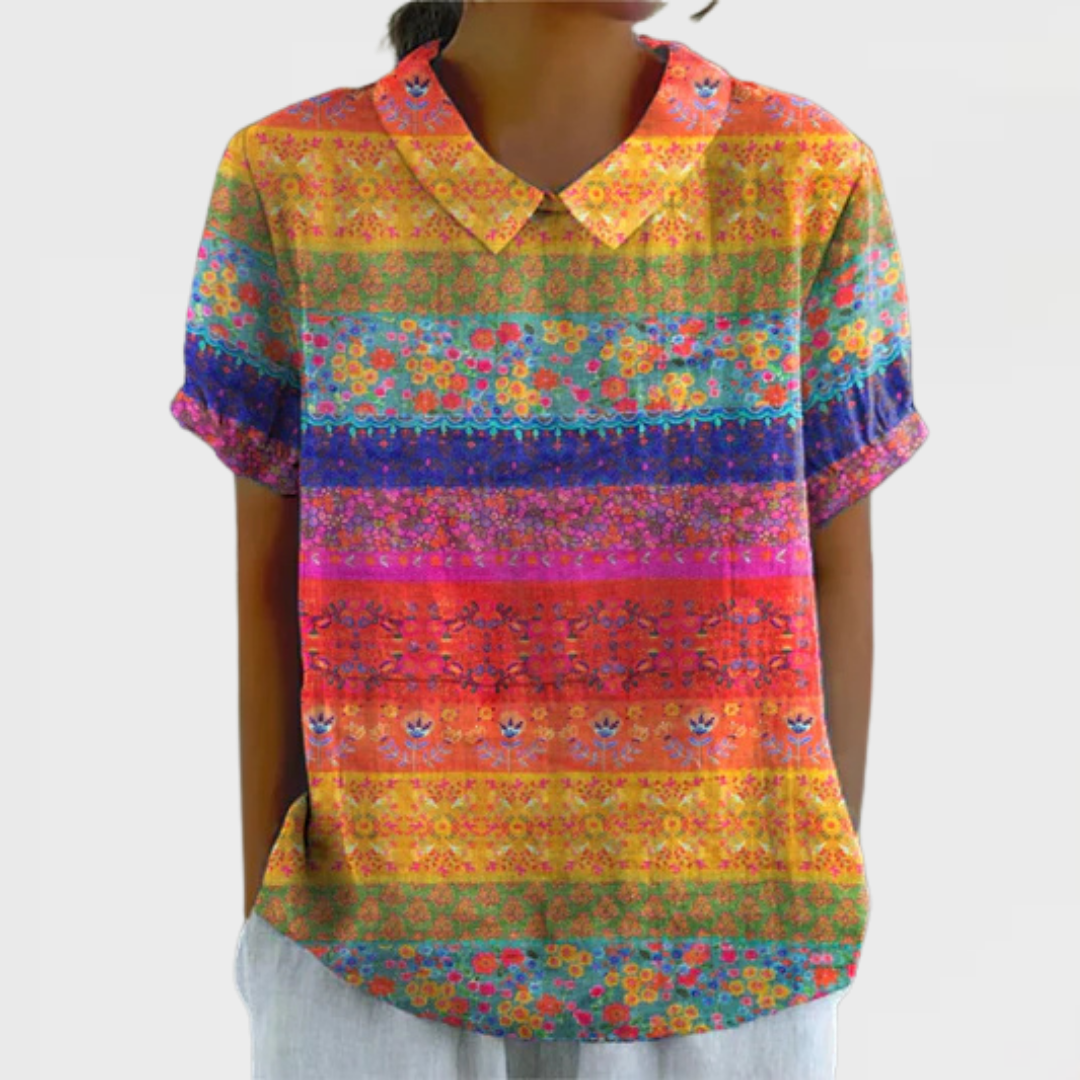 Floral Striped Print Collared Short Sleeve Blouse