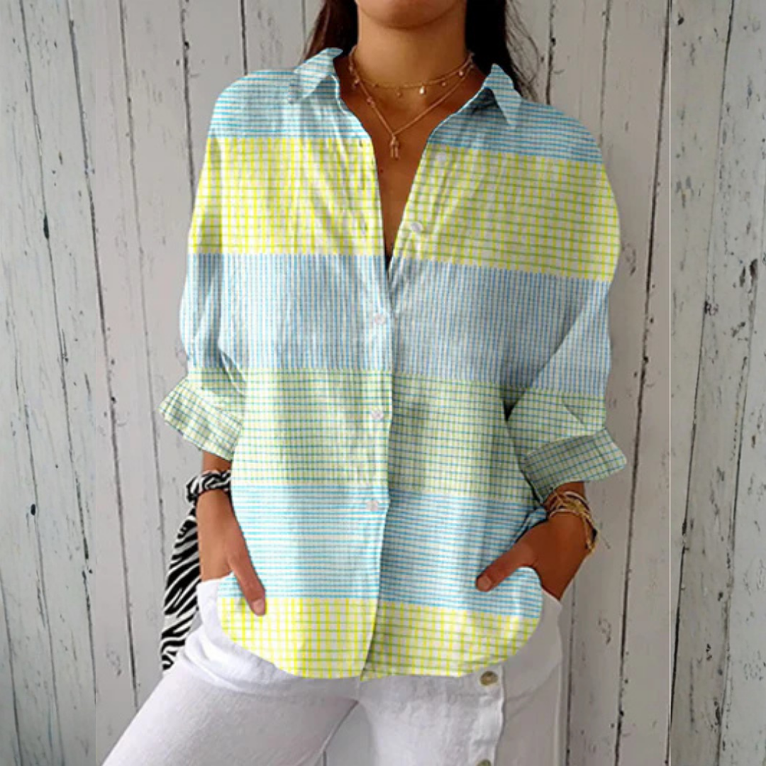 Striped Collared Button Front Long Sleeve Blouse