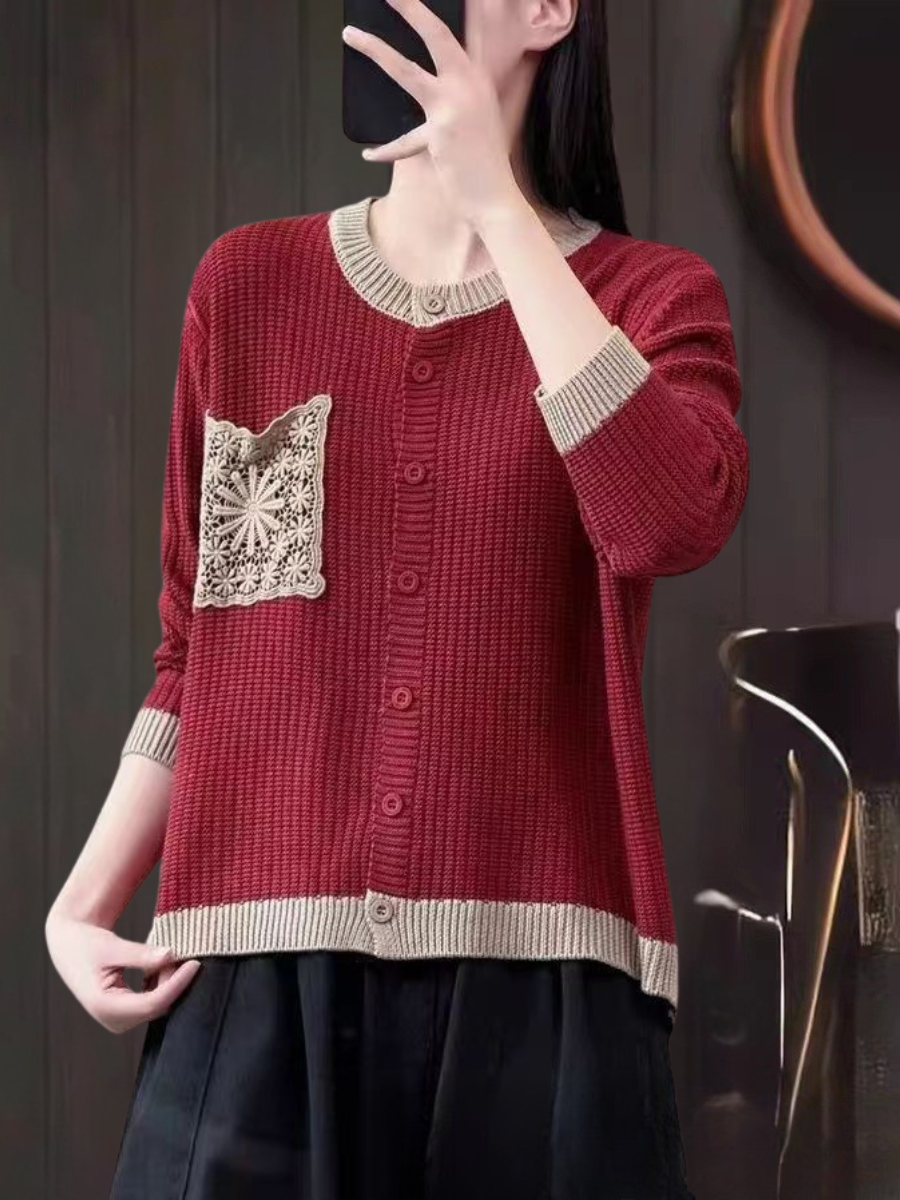 Crochet Pocket Round Neck Button Front Waffle Knit Cardigan 8