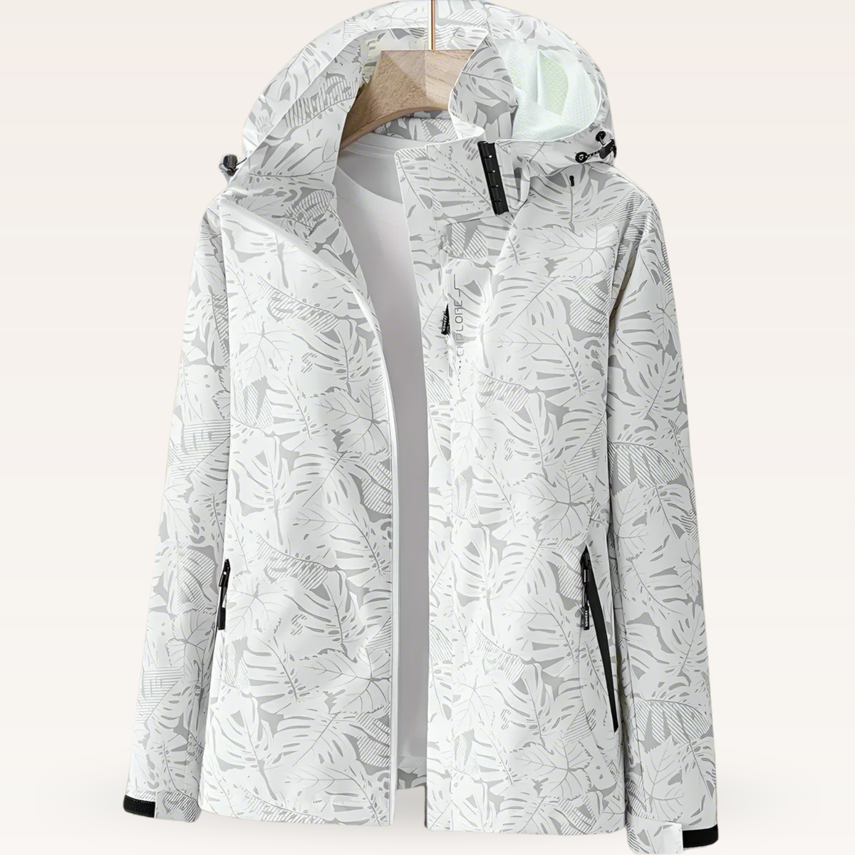 Leaf Print Hooded Zip Front Windbreaker Jacket