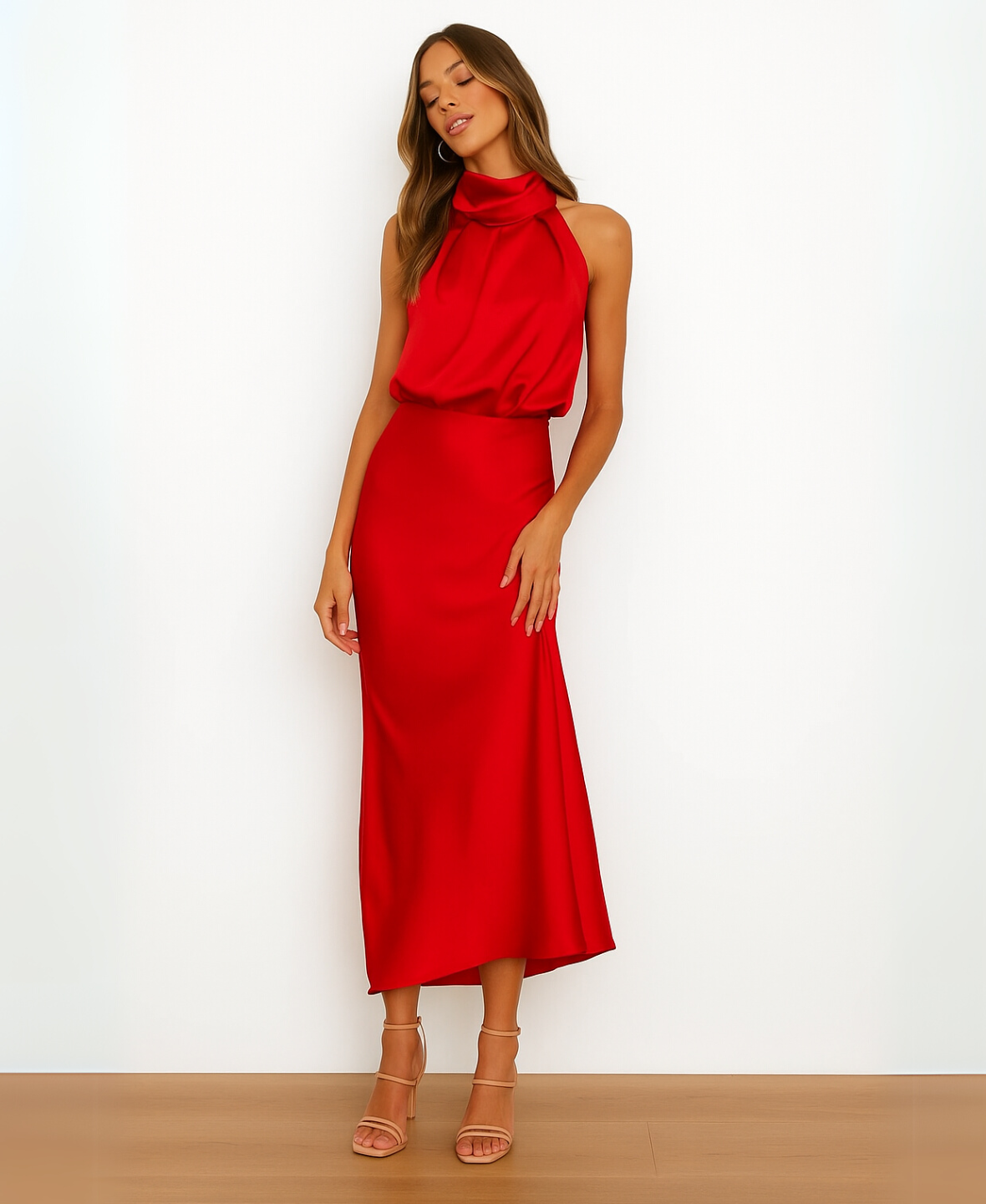 Satin Halter Neck Draped Cowl Bias Midi Dress 18
