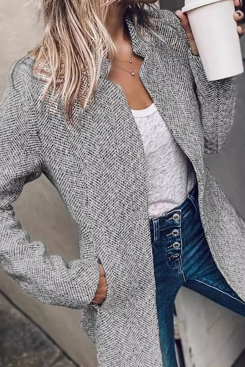 Herringbone Open Front Longline Coat