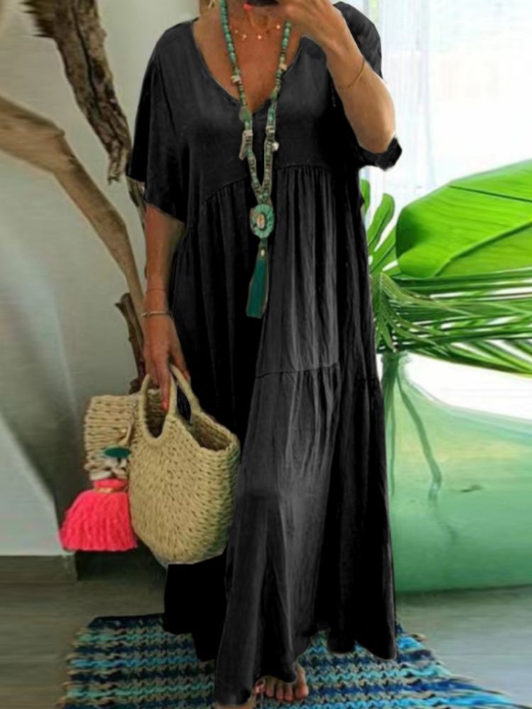 V-Neck Short Sleeve Tiered Maxi Dress Summer 5