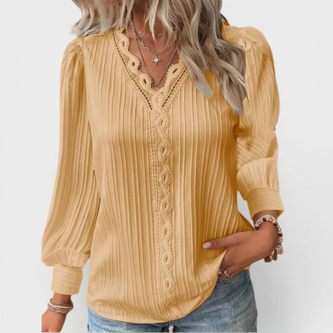 V-Neck Long Sleeve Lace Trim Pleated Blouse 4