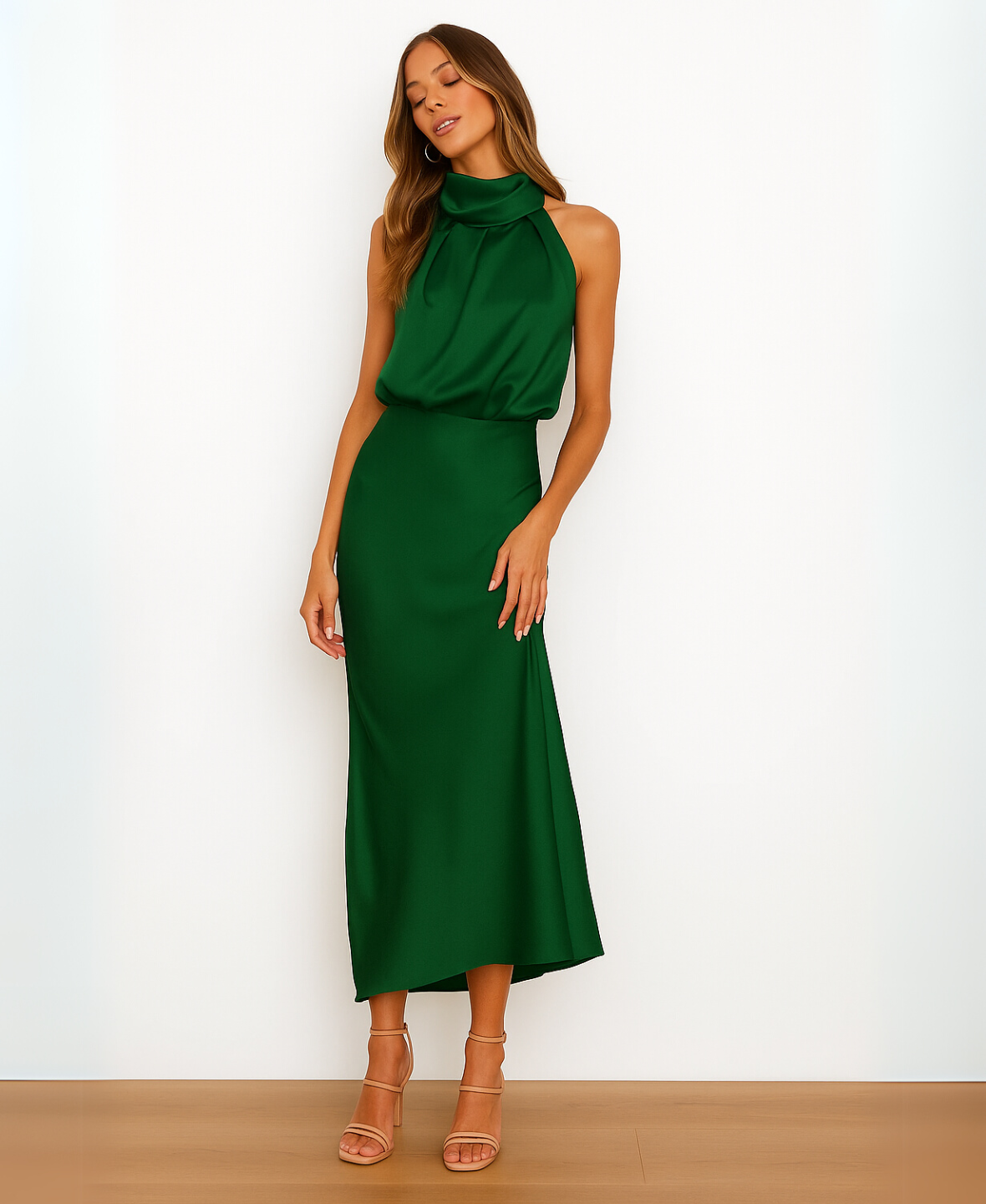 Satin Halter Neck Draped Cowl Bias Midi Dress 19
