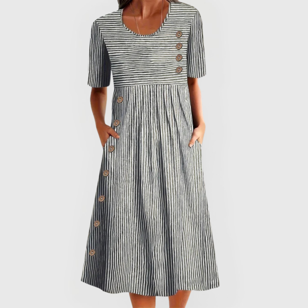 Scoop Neck Short Sleeve Side Button Striped Midi Dress 3