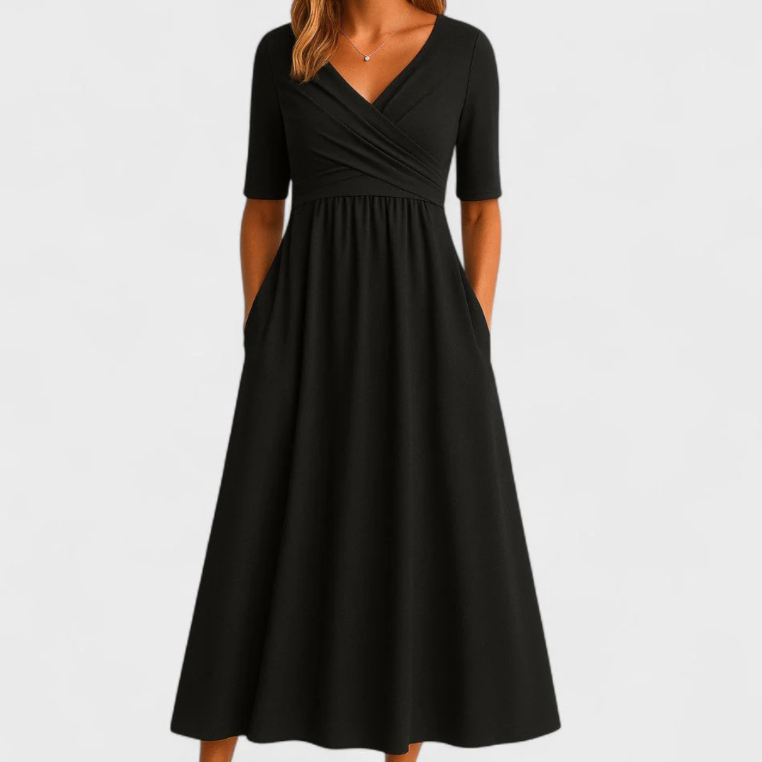 V-Neck Wrap Short Sleeve Pocket Fit and Flare Midi Dress 2