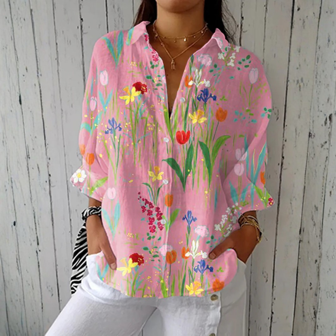 Floral Print Collared Button Front Long Sleeve Blouse