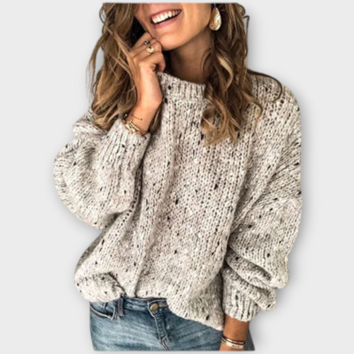 Crew Neck Drop Shoulder Speckled Long Sleeve Knit Sweater