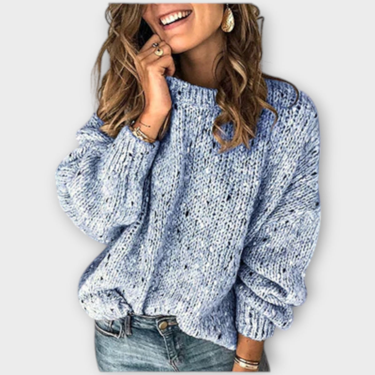 Crew Neck Drop Shoulder Speckled Long Sleeve Knit Sweater 3