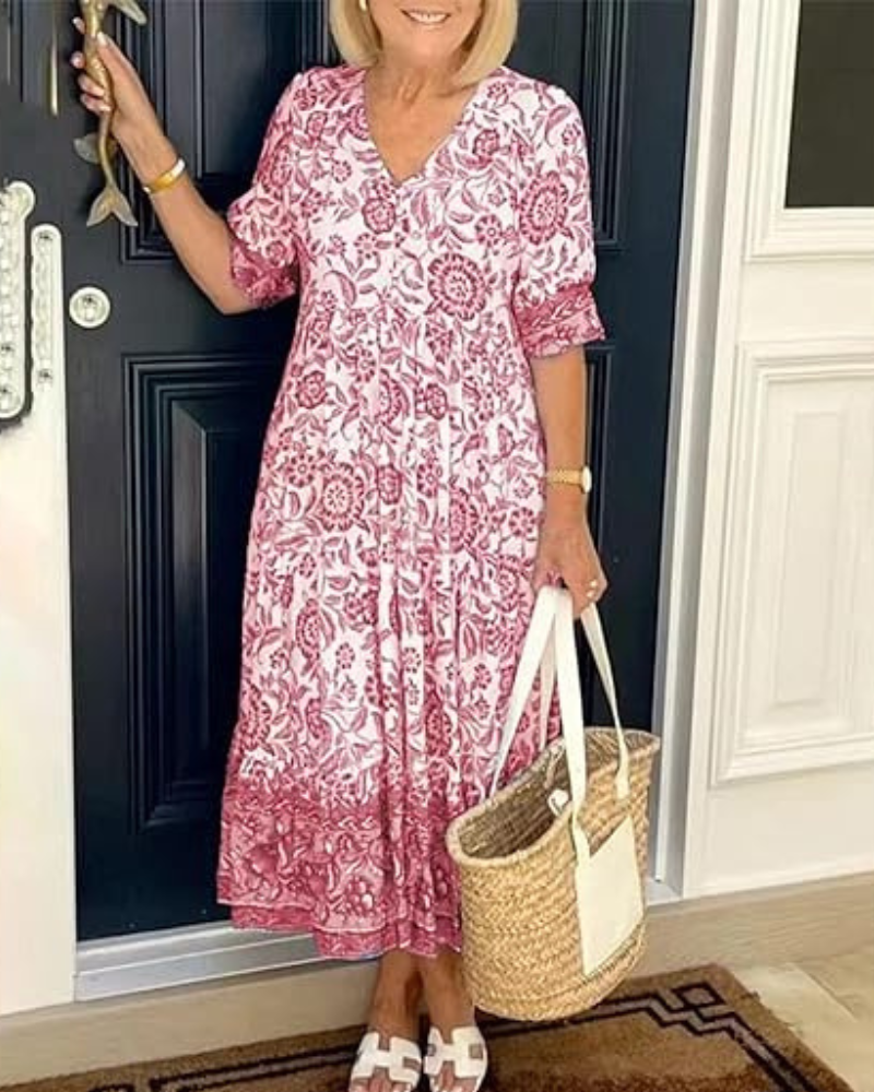 Floral V-Neck Short Sleeve Tiered Maxi Dress 4