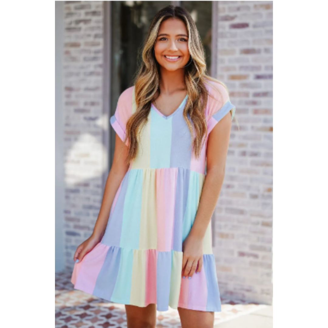 Vertical Stripe Short Sleeve V-Neck Tiered Ruffle Babydoll Mini Dress - View 2
