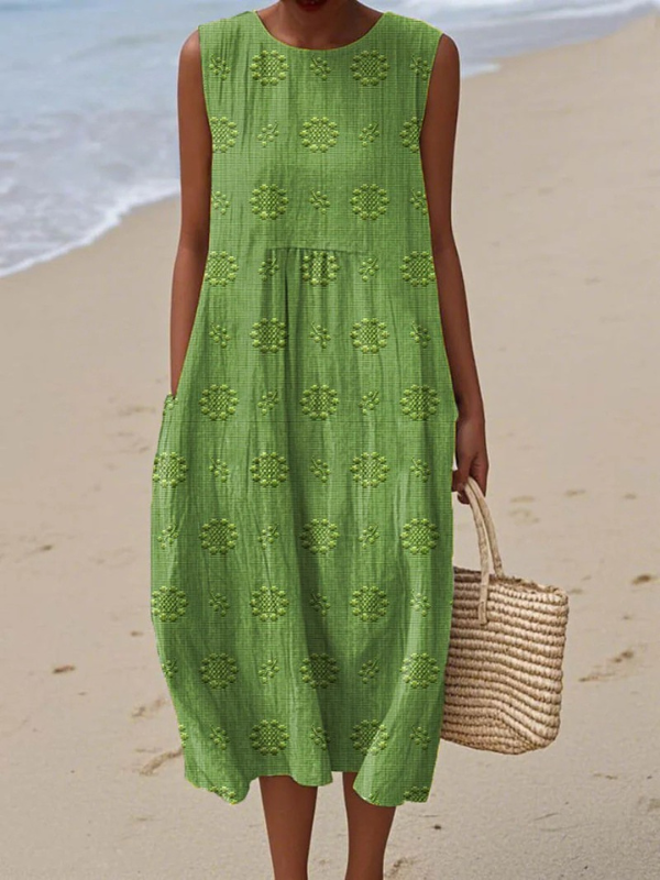 Round Neck Sleeveless Textured Floral Pocket Midi Dress 2