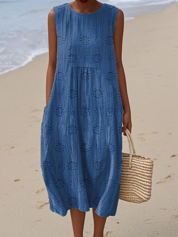 Textured Embroidered Sleeveless Round Neck Cocoon Midi Dress 3