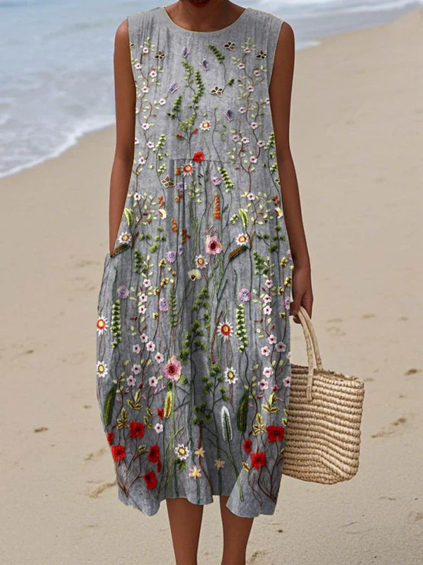 Wildflower Print Crew Neck Sleeveless Pocket Midi Dress