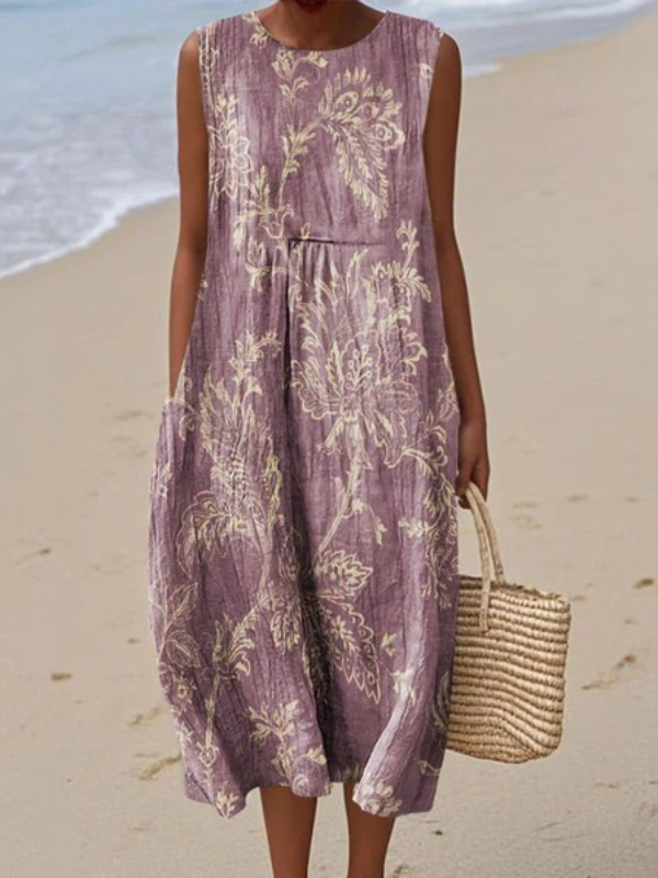Paisley Print Round Neck Sleeveless Linen Look Midi Dress