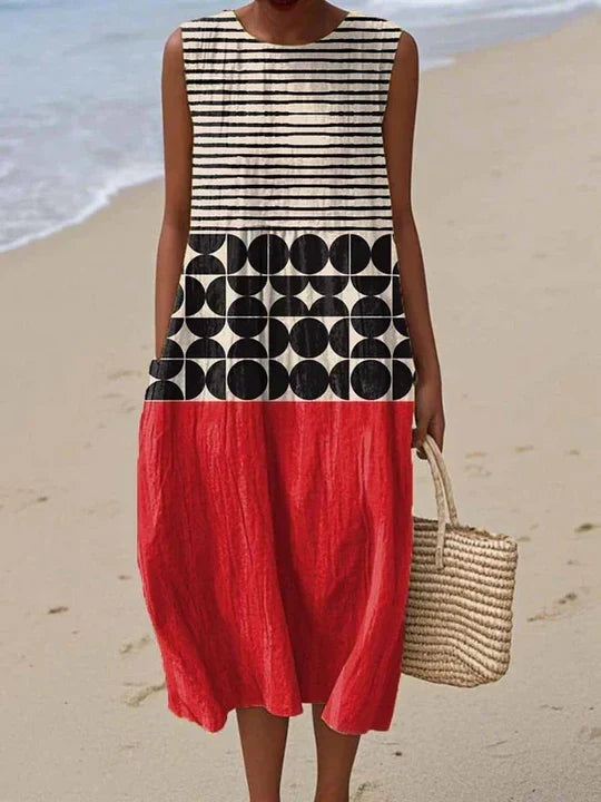Striped Geometric Colorblock Sleeveless Midi Dress