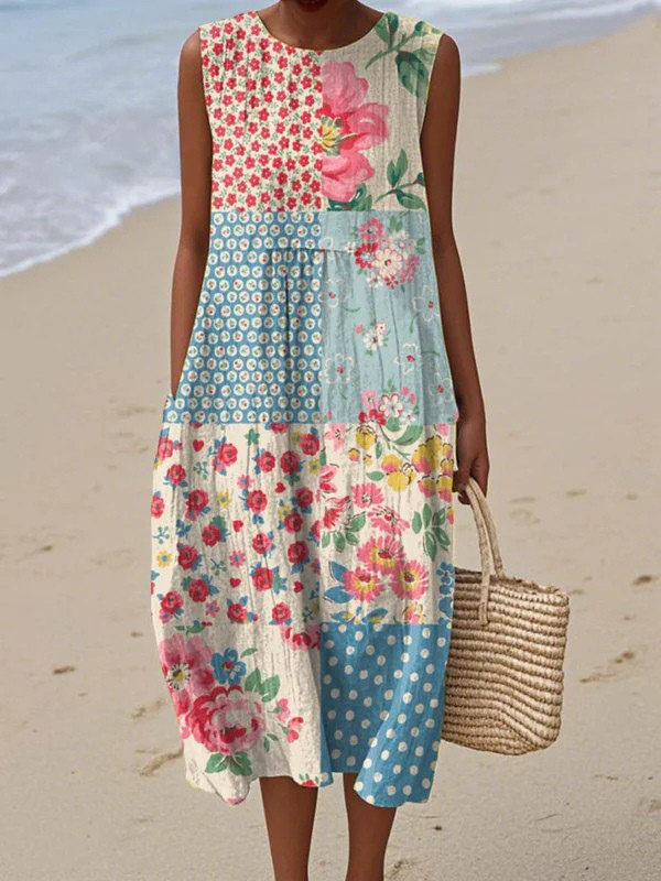 Floral Patchwork Print Round Neck Tiered Midi Dress