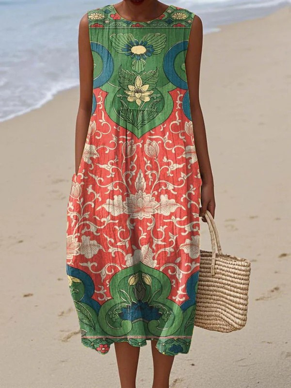 Oriental Floral Print Crew Neck Sleeveless Midi Dress
