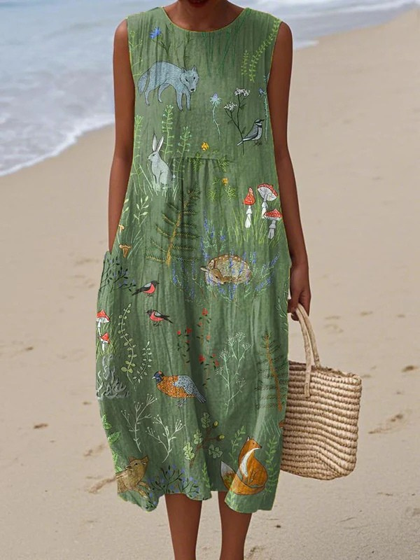 Round Neck Sleeveless Woodland Animal Print Pocket Midi Dress