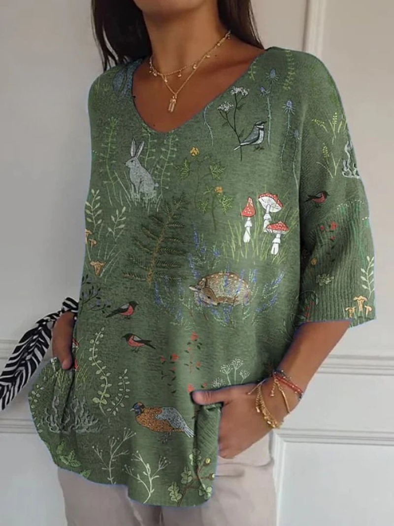 V-Neck Woodland Animal Print Oversized Knit Sweater