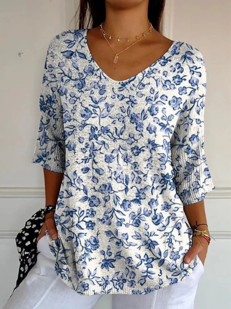 Floral Print V-Neck Half Sleeve Tunic Top
