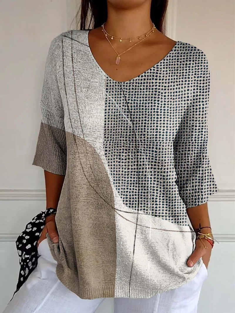 Colorblock Dot Print V-Neck Three Quarter Sleeve Top