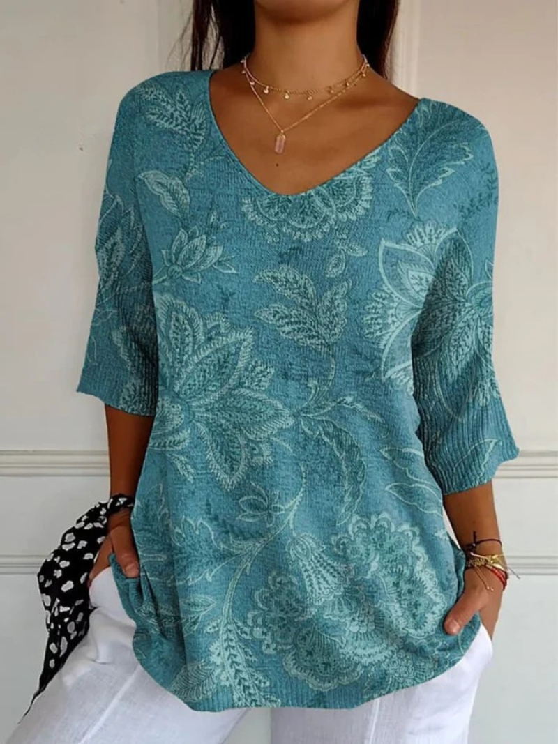 Floral V-Neck 3/4 Sleeve Tunic Top