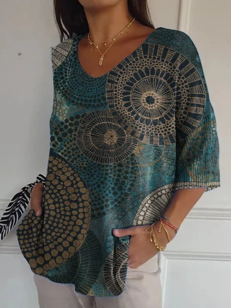 Medallion Print V-Neck Three Quarter Sleeve Blouse