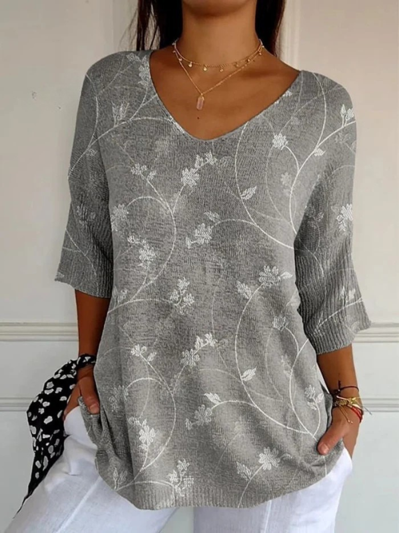 Floral Print V-Neck Half Sleeve Knit Top
