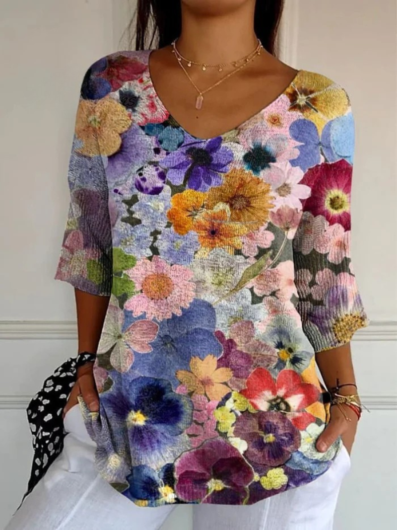 Floral Print V-Neck Half Sleeve Tunic Top
