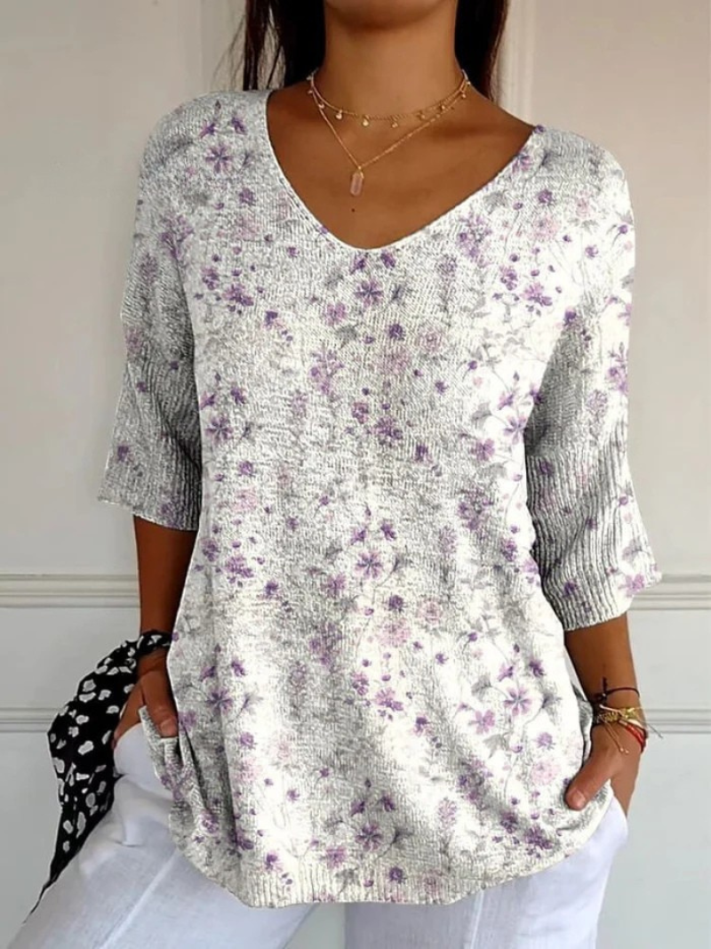 Floral Print V-Neck Three Quarter Sleeve Tunic Top