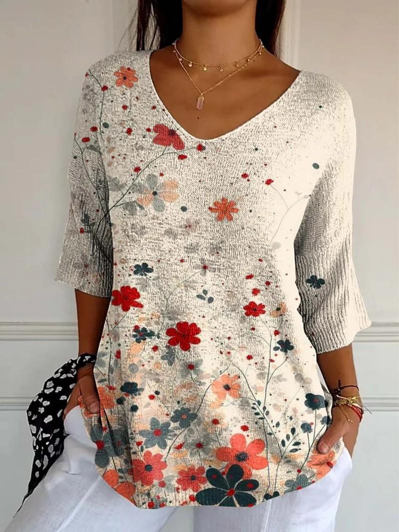 Floral Print V-Neck 3/4 Sleeve Knit Tunic Top