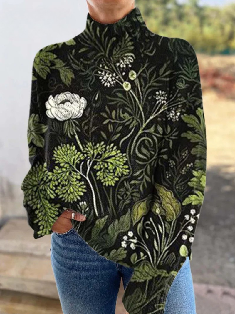 Botanical Floral Print Turtleneck Sweater
