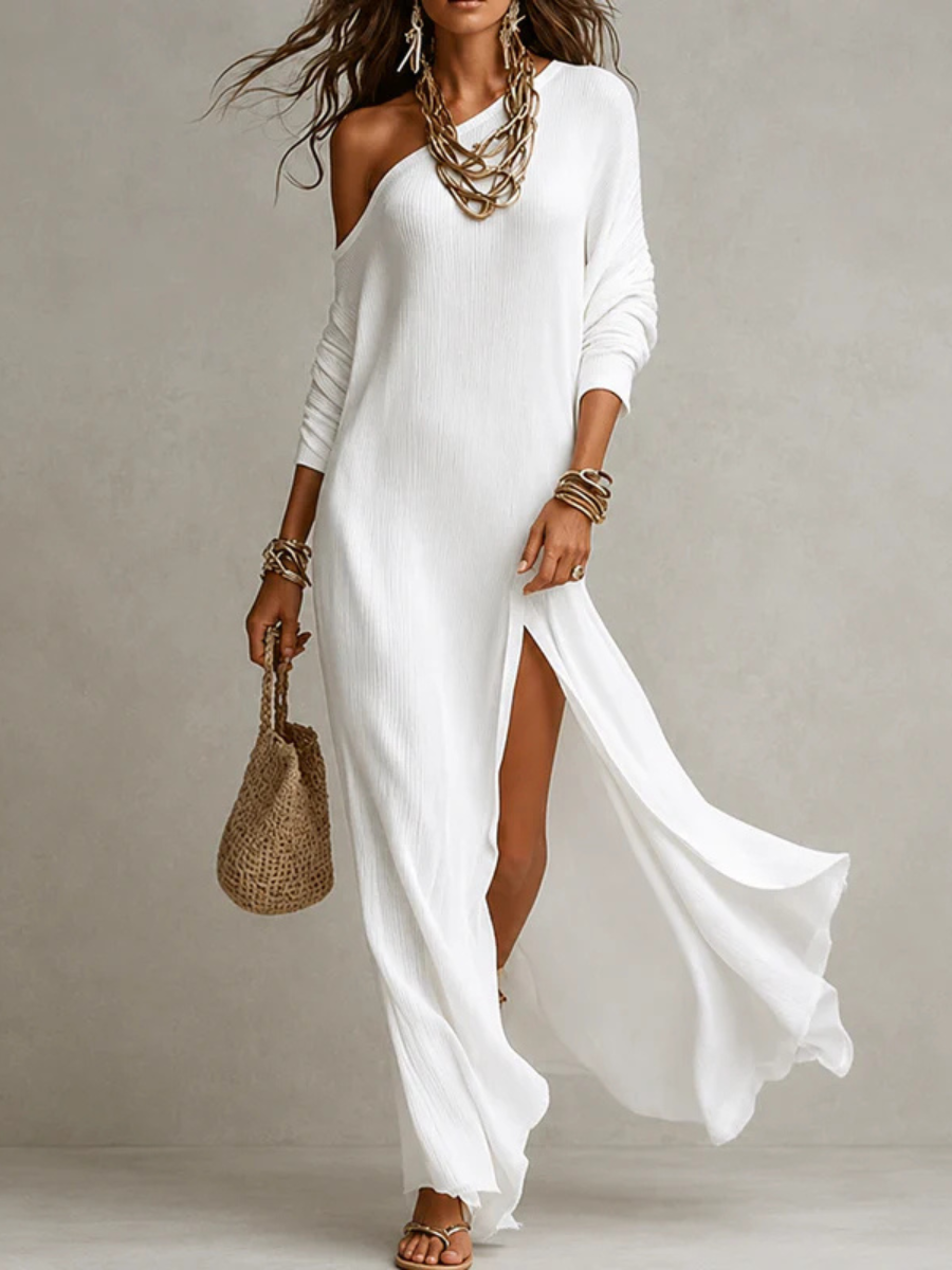 One Shoulder Long Sleeve Ribbed Knit High Split Maxi Dress