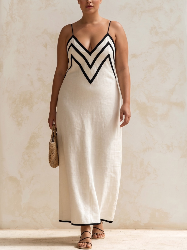 Chevron Contrast Trim V-Neck Cami Maxi Dress 2