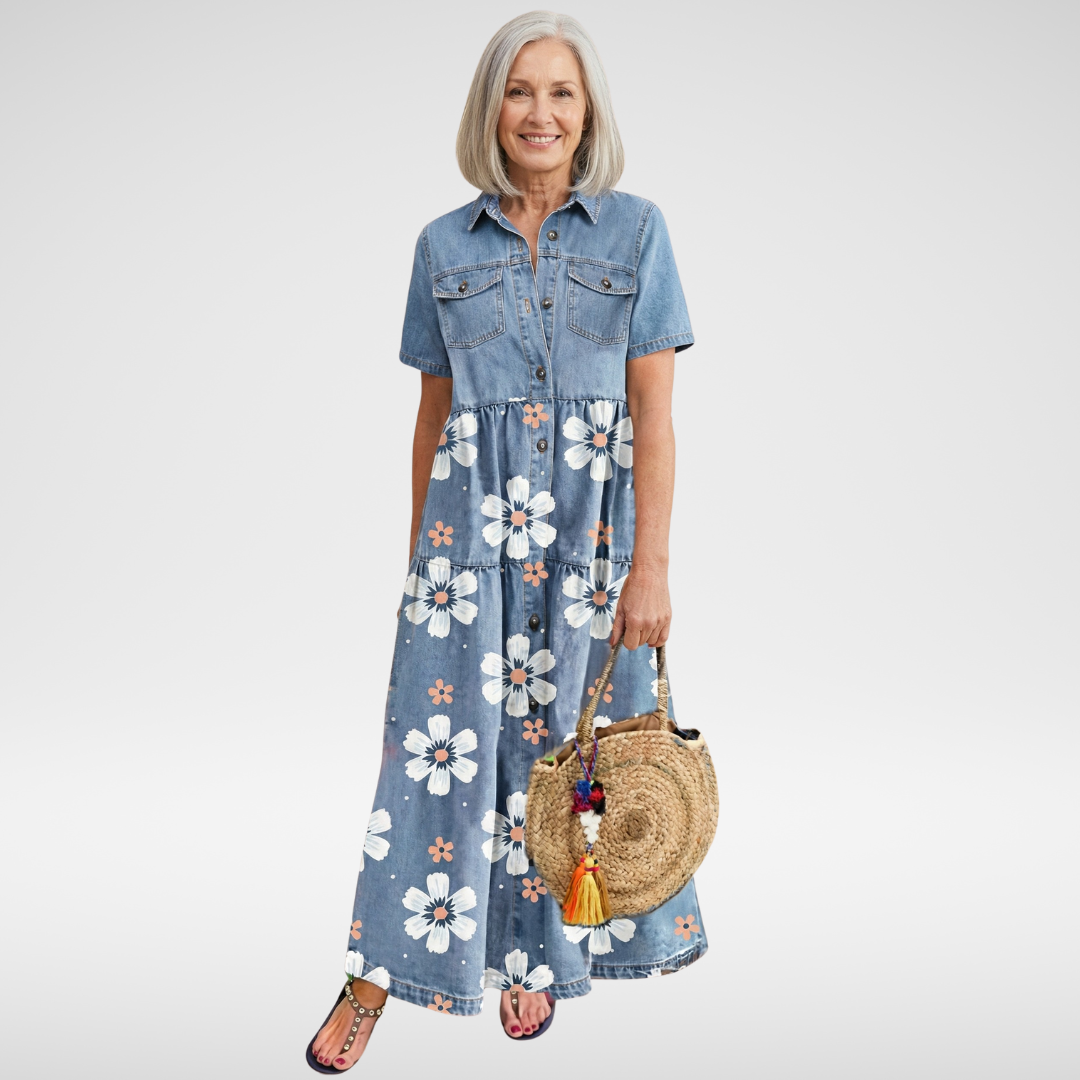 Floral Denim Look Collared Button Front Tiered Maxi Dress