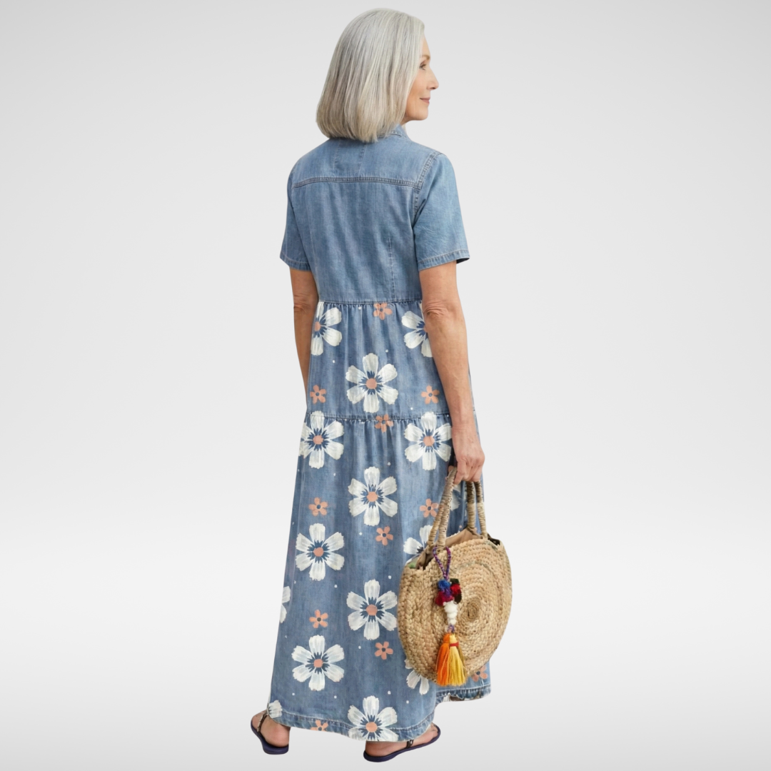 Floral Denim Look Collared Button Front Tiered Maxi Dress 3
