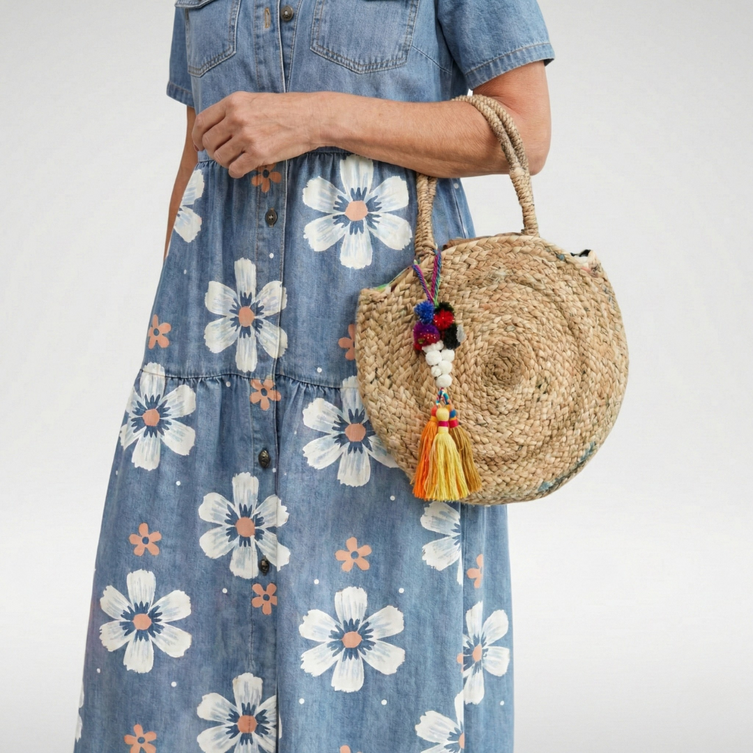 Floral Denim Look Collared Button Front Tiered Maxi Dress 2