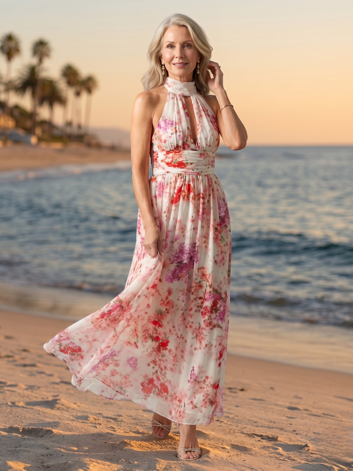 Floral Halter Neck Keyhole Ruched Chiffon Maxi Dress