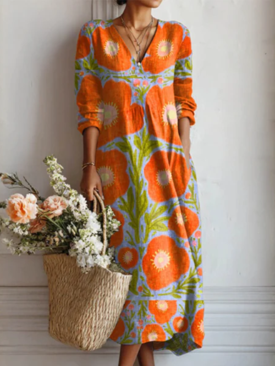 Floral Print V-Neck Long Sleeve Linen Maxi Dress